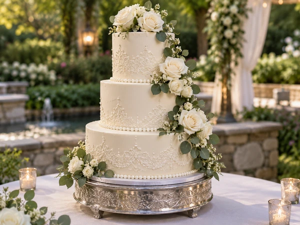 Tall ivory wedding cake with lace texture and cream sugar flowers