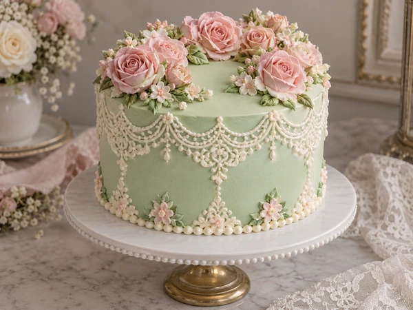 Mint green vintage cake with white lace piping and pink roses on top