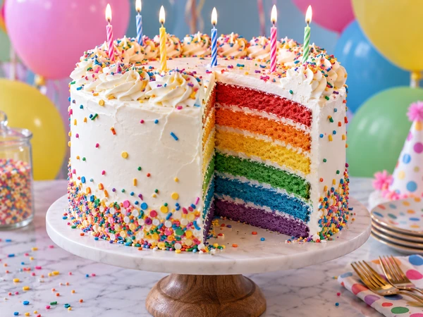 AI birthday cake with rainbow sponge layers and sprinkles, one slice cut out