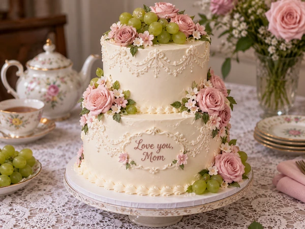 Two-tier white cake with pink roses and green grapes on a lace tablecloth