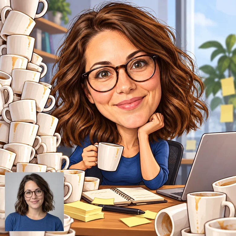 Caricature of a smiling woman in a navy suit holding a laptop in an office, with her original photo inset in the corner