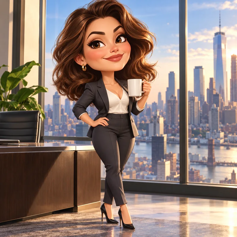 Caricature of a woman boss holding a World’s Best Boss mug, with a CEO of Deadlines nameplate and a city skyline