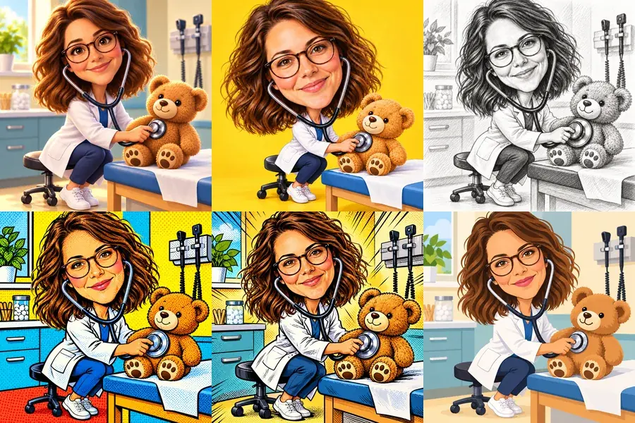 Six caricature art styles: 3D cartoon, big head, pencil sketch, pop art, comic book, and minimal flat