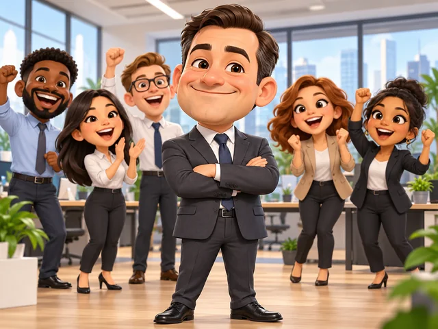 Caricature of a smiling manager in a suit with arms crossed while coworkers cheer in the office behind him