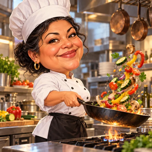 Caricature of a mustached chef tossing a flaming pan in a busy kitchen