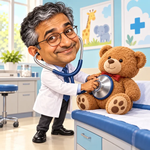 Caricature of a doctor with big glasses listening to a teddy bear with an oversized stethoscope