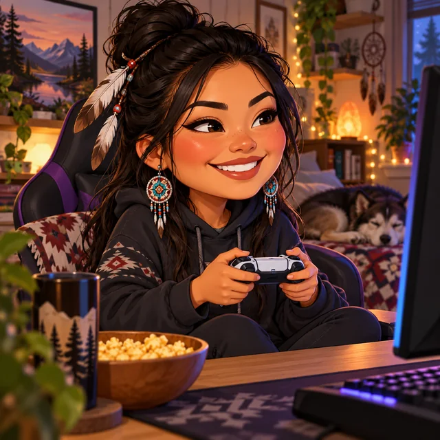 Caricature of a wide-eyed gamer gripping a controller in front of a glowing screen and snacks