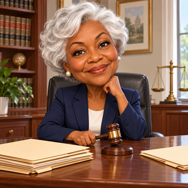 Caricature of a lawyer in a suit raising a gavel next to a huge stack of case files