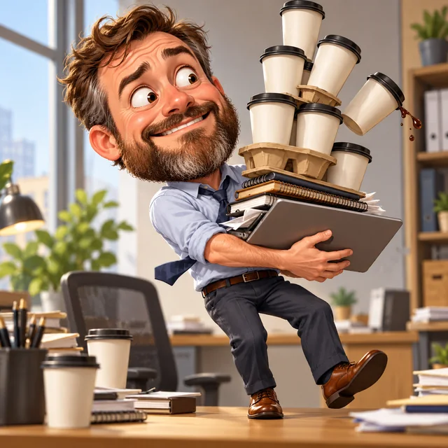 Caricature of an office worker with wild hair surrounded by a tower of coffee mugs