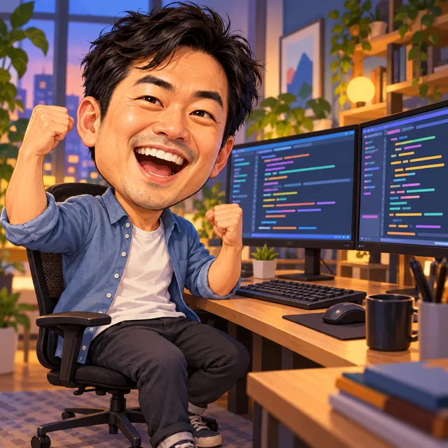 Caricature of a programmer in green glasses cheering at glowing monitors full of code