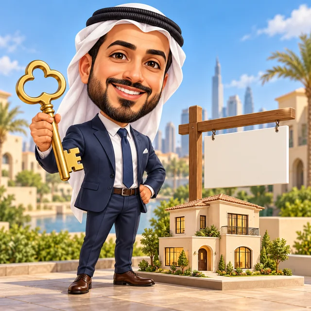 Caricature of a grinning real estate agent holding a giant golden key beside a SOLD sign