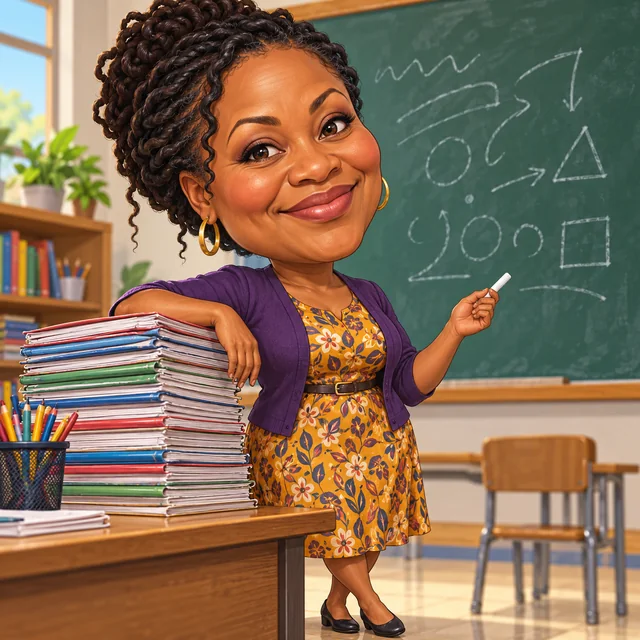 Caricature of a teacher with glasses in front of a chalkboard covered in notes and a stack of papers