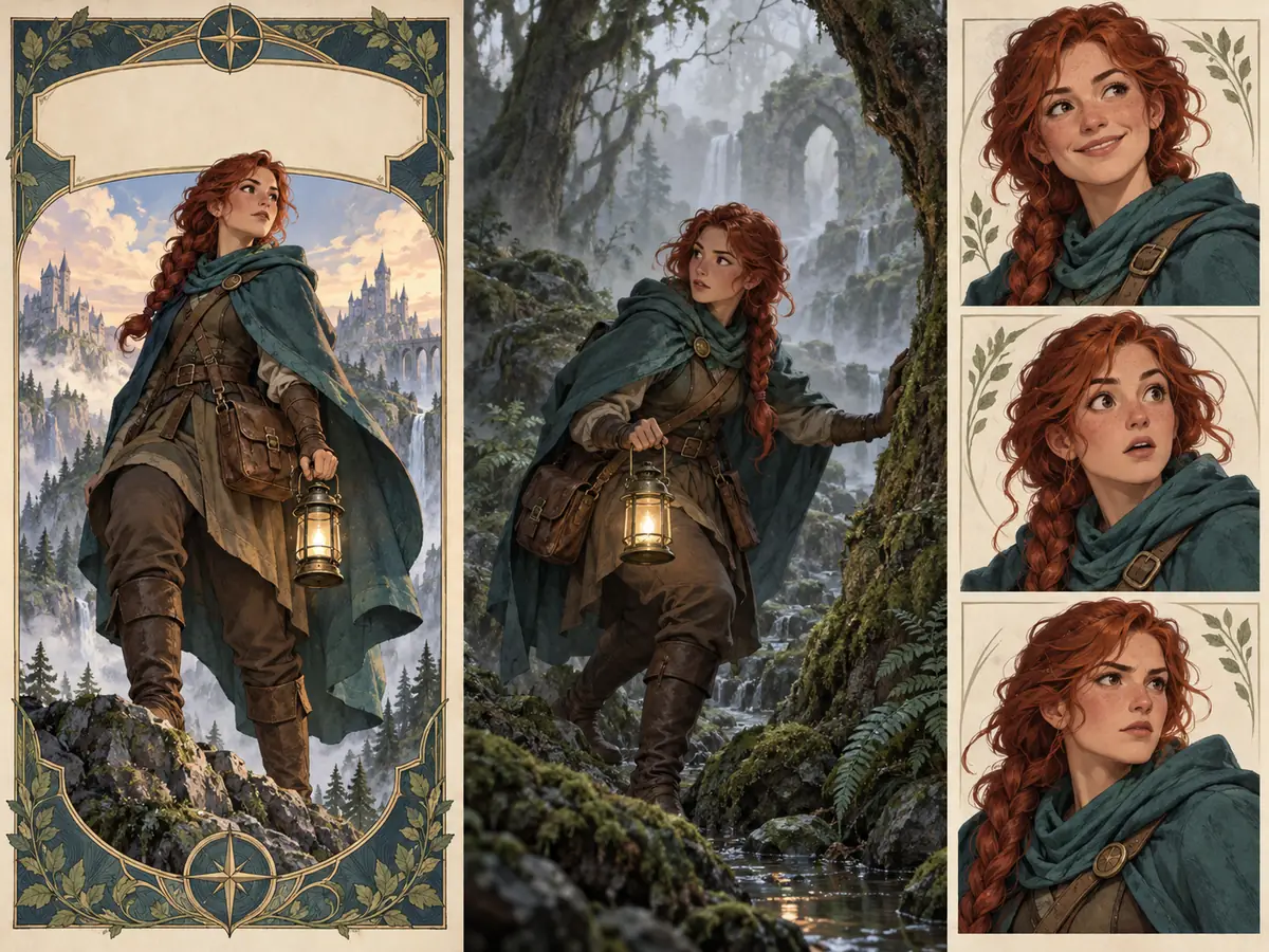 AI characters used for a book cover, game concept art, and expressive portraits