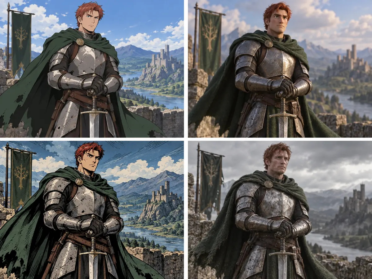 AI generated characters in different styles: a knight, a royal portrait, a princess, and a sci-fi heroine