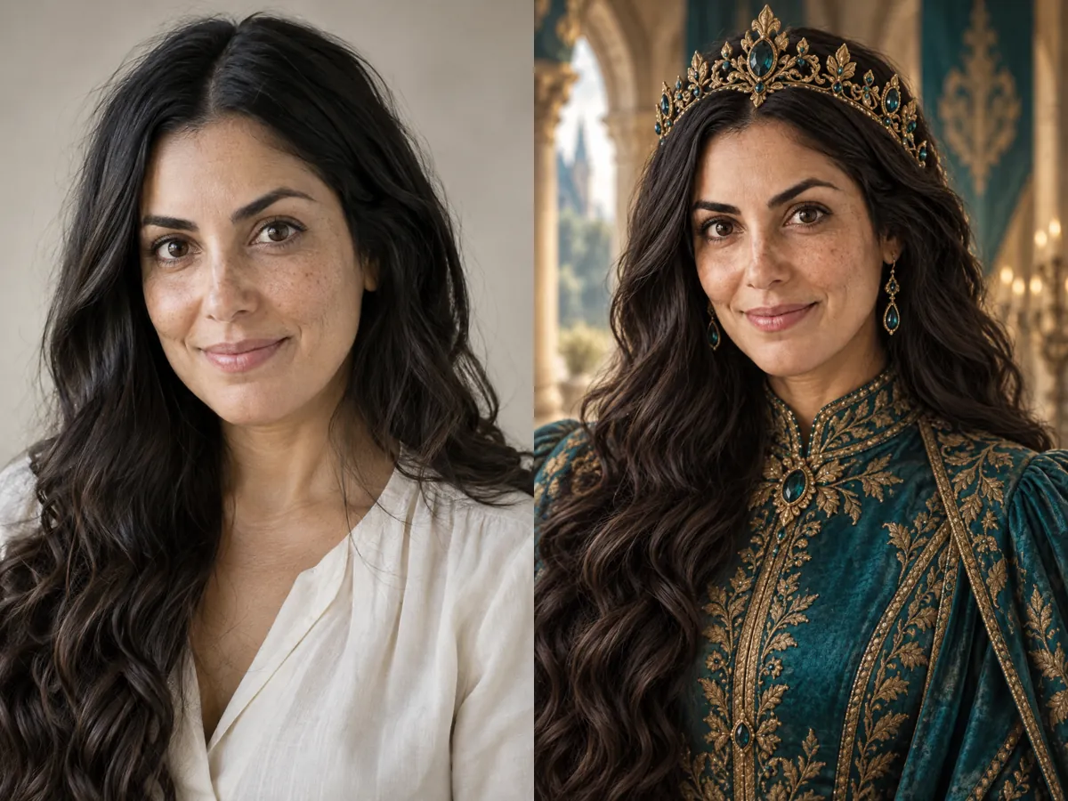 A portrait photo of a woman turned into a fantasy queen character with a jeweled crown