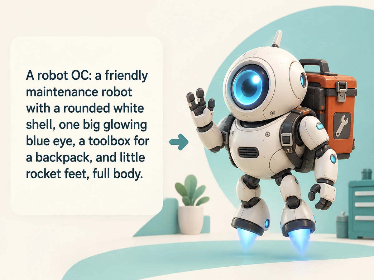 A written character prompt next to the cute 3D cartoon girl the AI character generator made from it