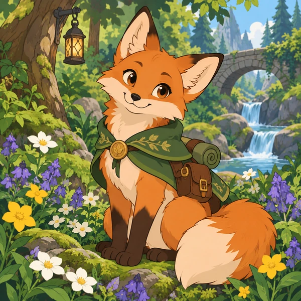 Anime fox companion character sitting among flowers in a forest