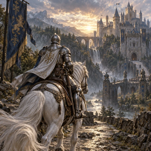 Medieval knight character in silver armor riding a white horse toward a castle