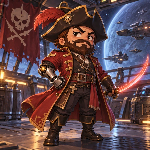Chibi pirate captain character on the deck of a ship