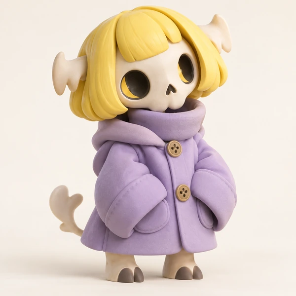 3D designer toy character with a skull face and a yellow bob haircut
