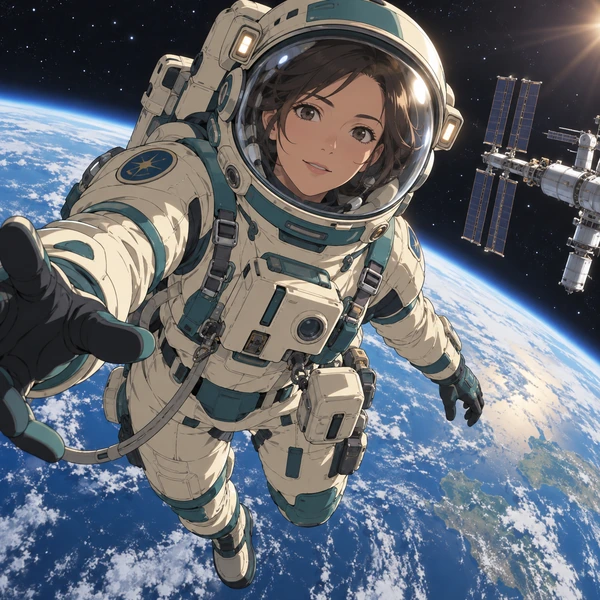 Anime astronaut character floating in space above the Earth
