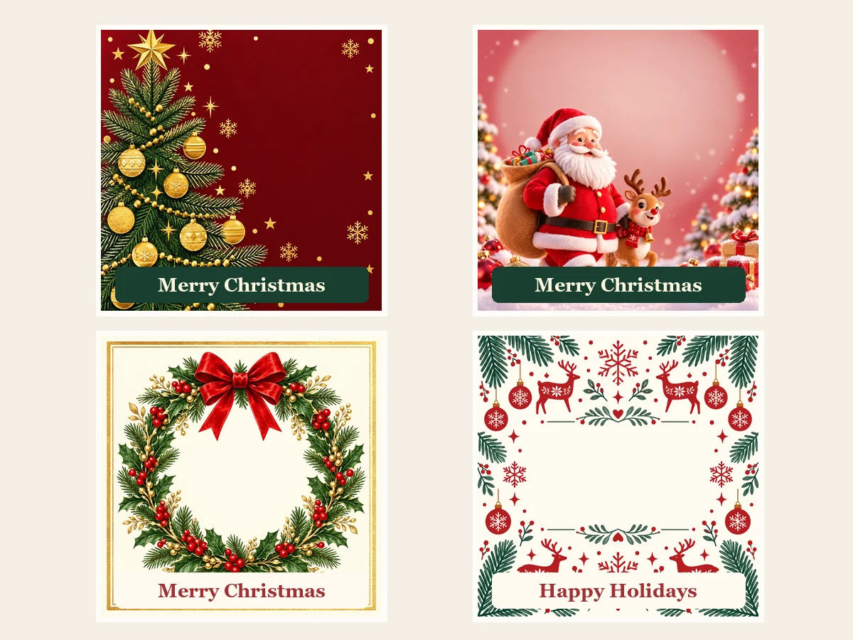 AI Christmas cards with lettered greetings: ornaments, a 3D Santa, a holly wreath, and Happy Holidays