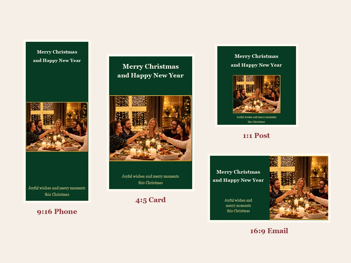 Christmas cards in 9:16 phone, 4:5 card, 1:1 post, and 16:9 email sizes