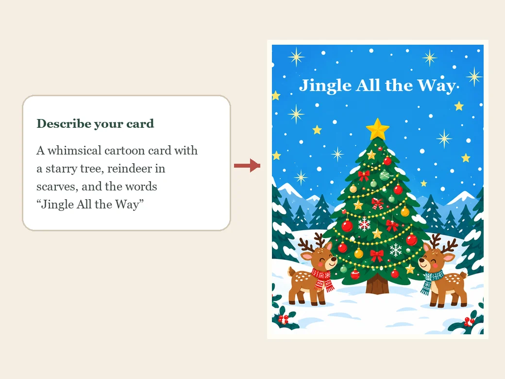 A short prompt and the Jingle All the Way cartoon card the AI Christmas card generator made from it
