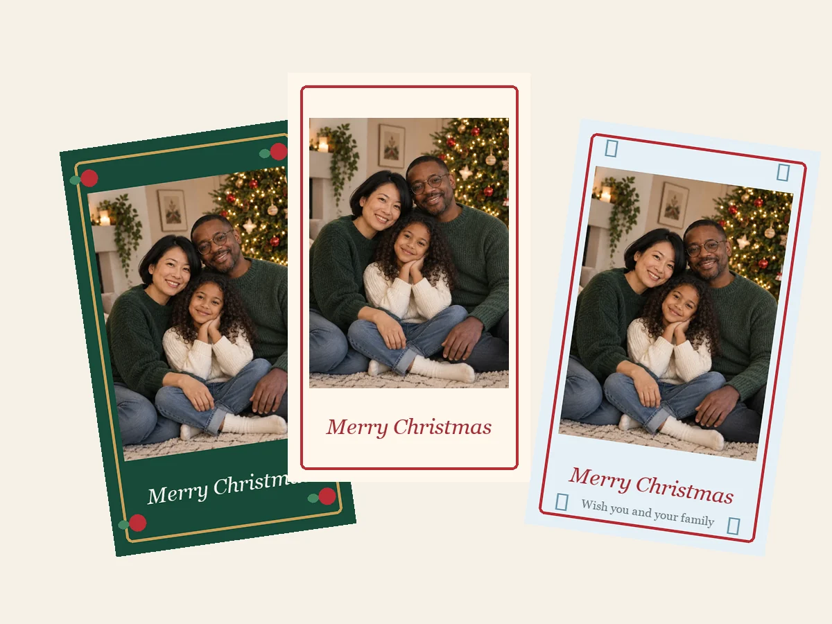 Three photo Christmas cards with family portraits in holly, red, and snowflake frames