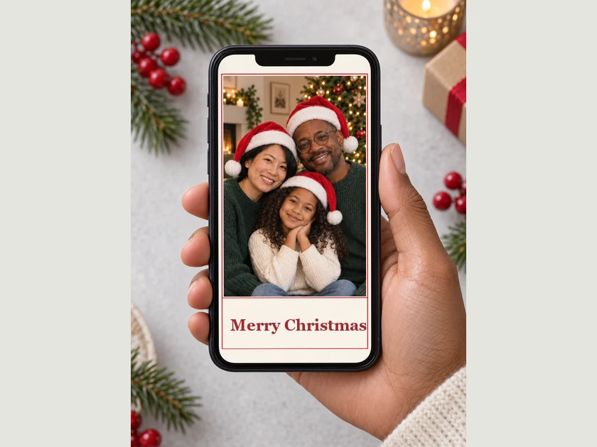 Photo Christmas card of a family in Santa hats shown on a phone screen