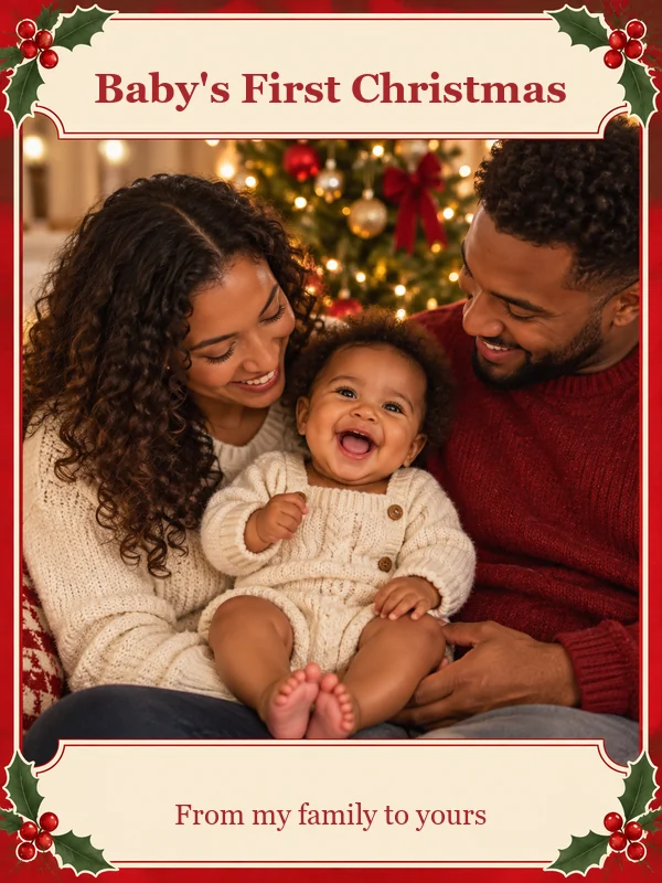 Baby’s first Christmas photo card with a holly frame and family portrait