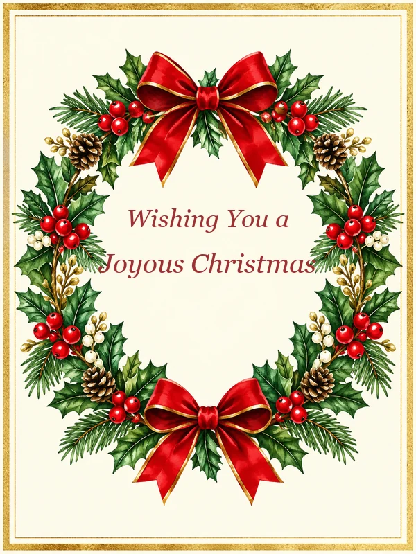 Classic red and gold Christmas card with a holly wreath and script greeting
