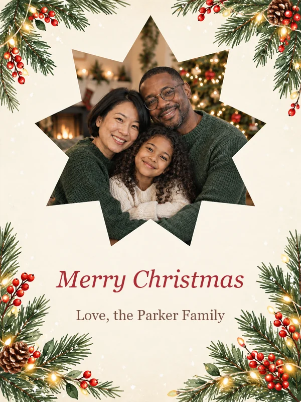 Family photo Christmas card with a star-shaped photo frame, berries, and a Merry Christmas script