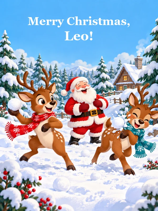 Two cartoon reindeer having a snowball fight while Santa laughs under Merry Christmas Leo