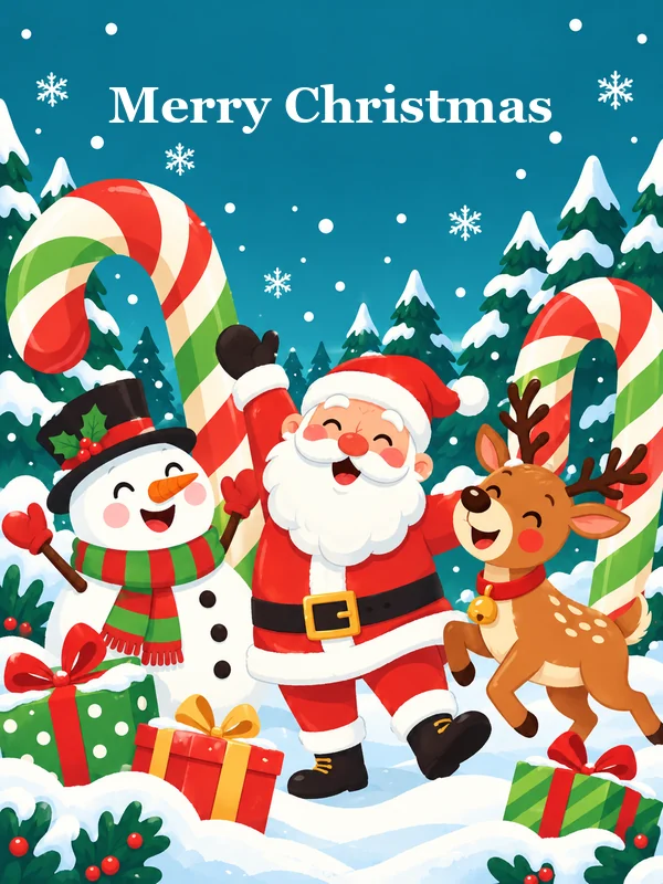 Cartoon Christmas card with Santa, a reindeer, a snowman, and candy canes
