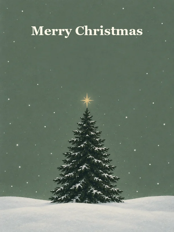 Minimalist Christmas card with a single pine tree under a gold star