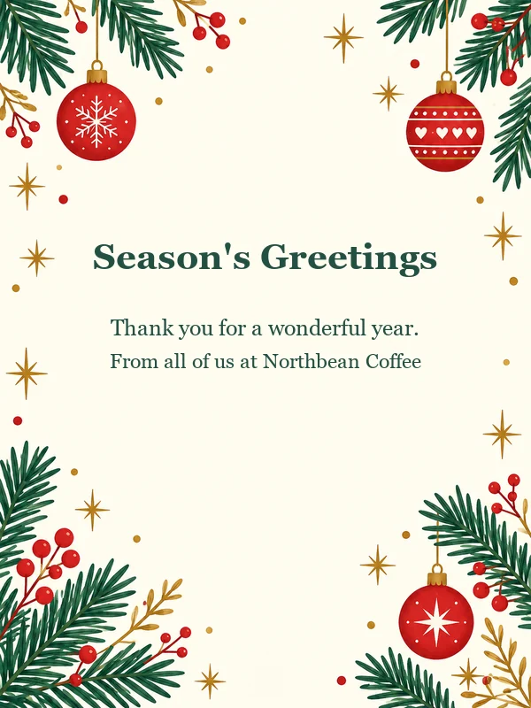 Season’s Greetings card with pine branches, red ornaments, and gold stars