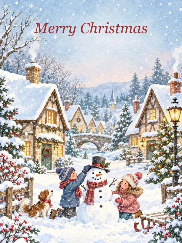 Watercolor Christmas card of a snowy village with children and a snowman