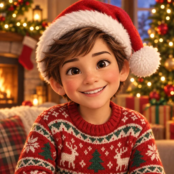 Cartoon boy in a Santa hat and Christmas sweater beside a decorated tree