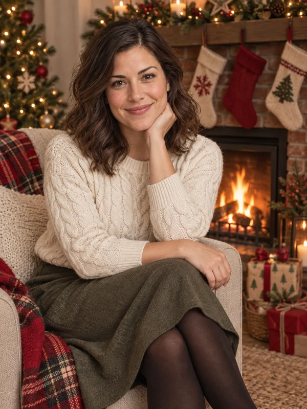 Woman in a knit sweater smiling in front of a fireplace with Christmas stockings