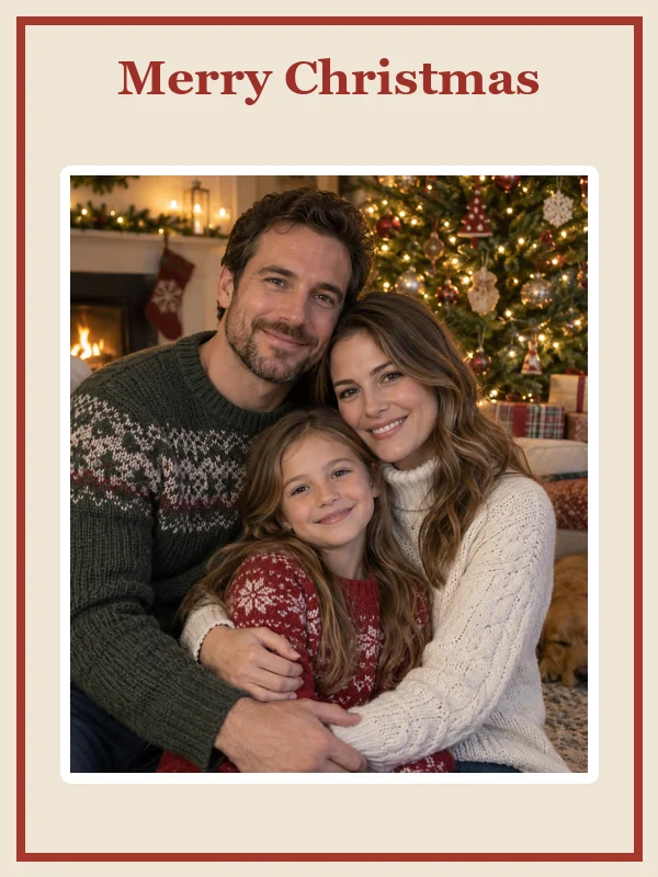 Merry Christmas greeting card with a family photo framed by pine and ornaments