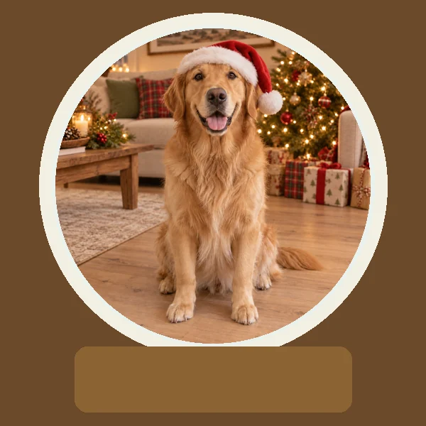 Golden retriever in a Santa hat inside a snow globe