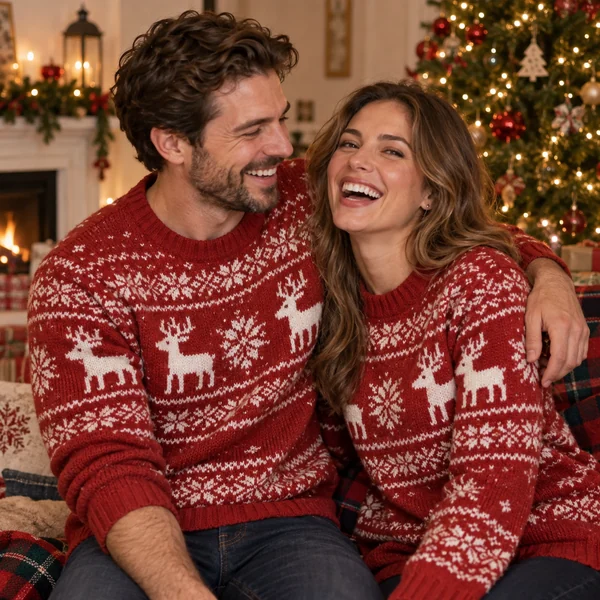 Couple laughing in matching red and white Christmas sweaters