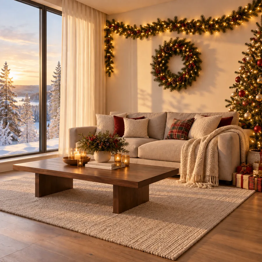 Drag to compare the room before and after AI Christmas decorations (after)