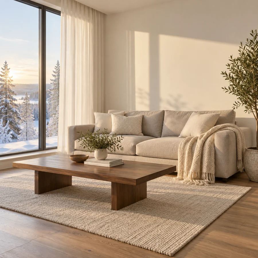 Drag to compare the room before and after AI Christmas decorations (before)
