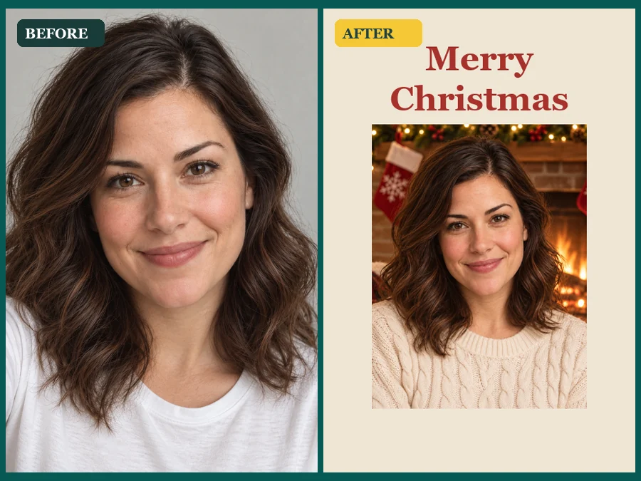 Plain portrait turned into a Merry Christmas card with a festive frame