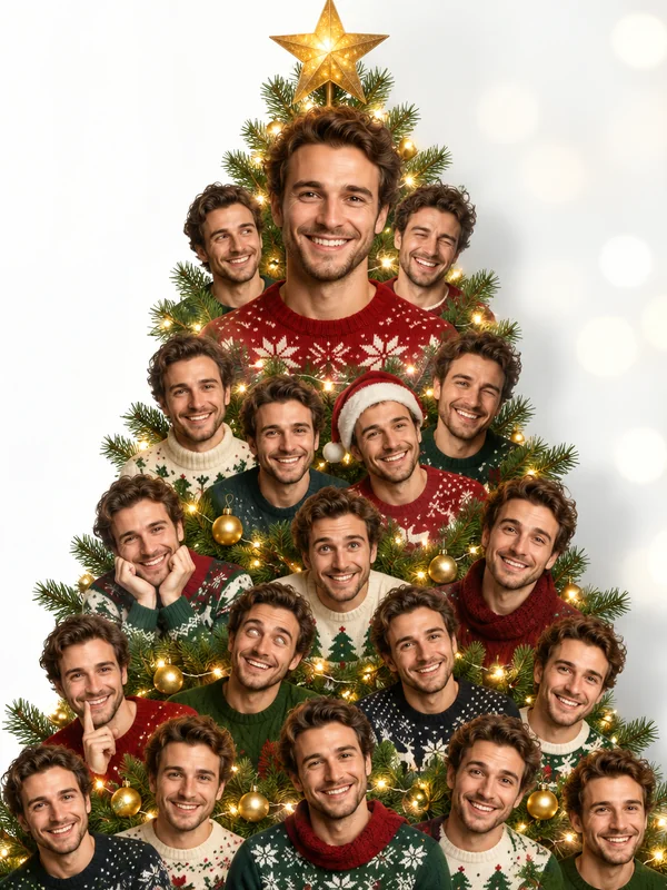 Christmas tree made of portrait headshots of one smiling man in different outfits