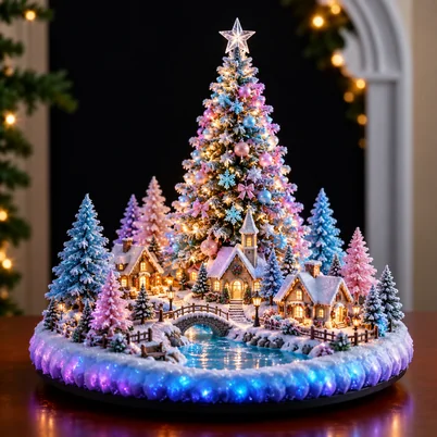 Glowing pastel Christmas tree on a miniature snowy fairy village base