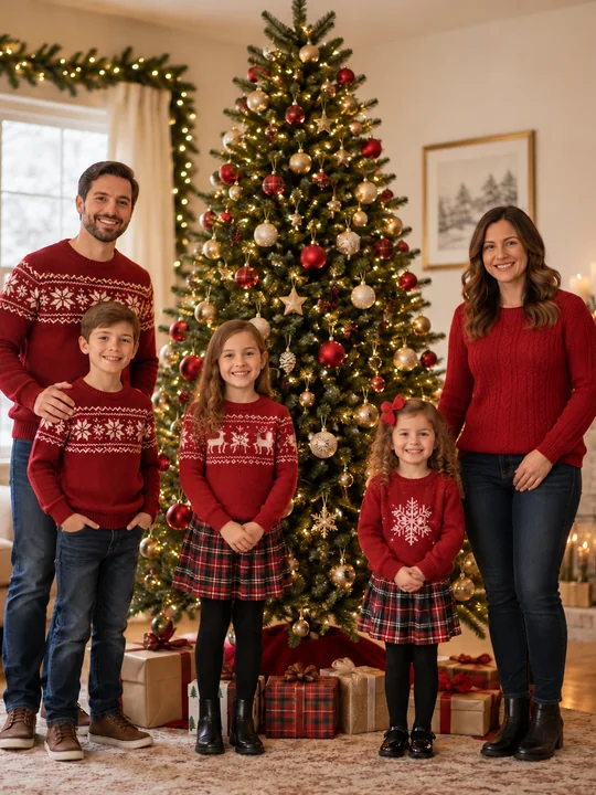 Family of five in red sweaters standing around a decorated Christmas tree