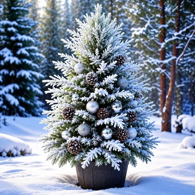 Frosted white Christmas tree with pinecones and silver ornaments in the snow